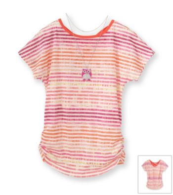 Beautees Girls' 7-16 Orange Striped Burnout Top with Owl Necklace