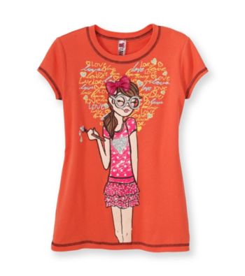 Beautees Girls' 7-16 Orange Heart and Girl Screen Tee