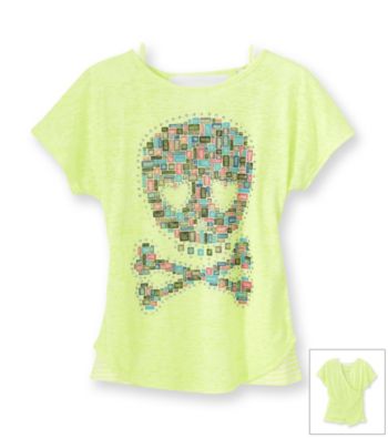 Beautees Girls' 7-16 Neon Yellow Skull Burnout Screen Tee