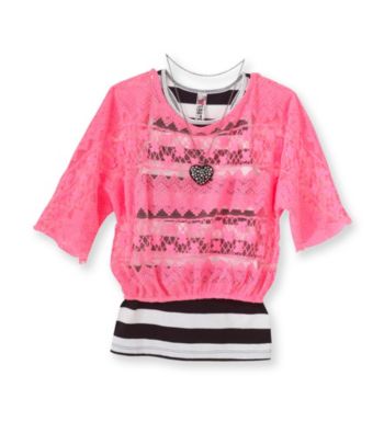 Beautees Girls' 7-16 Neon Pink Crochet Top with Heart Necklace