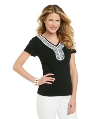 Rafaella® 1X1 Embelisshed Vneck Knit Top