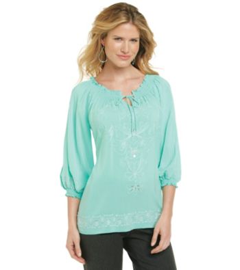NY Collection Keyhole Neck Smocked Embellished Top