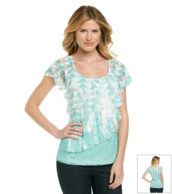 AGB Short Sleeve Lace Diagonal Tiered Printed Knit Top