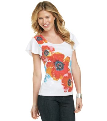 Rafaella® Petites' Flower Print Sequin Tee