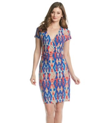 Jones New York Signature® Petites' Coral And Blue Print Faux Wrap Dress