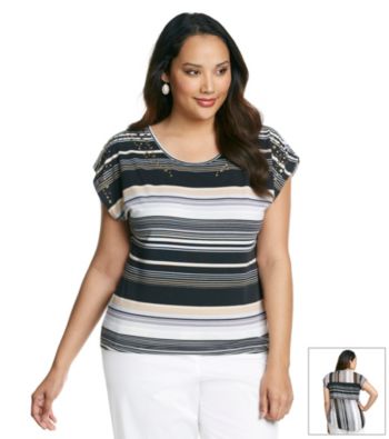 Oneworld® Plus Size High-Low Striped Tee With Studs