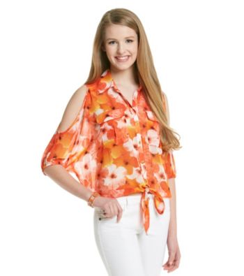 XOXO® Juniors' Cold Shoulder Print Shirt