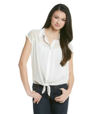 Pink Rose® Juniors' Tie Waist Button Front Top