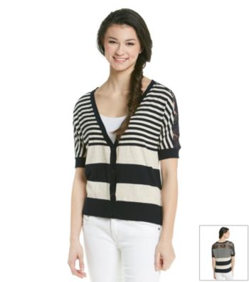 Pink Rose® Juniors' Crochet Detail Striped Cardigan