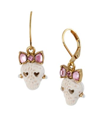 Betsey Johnson® White and Goldtone Lace Skull Drop Earrings