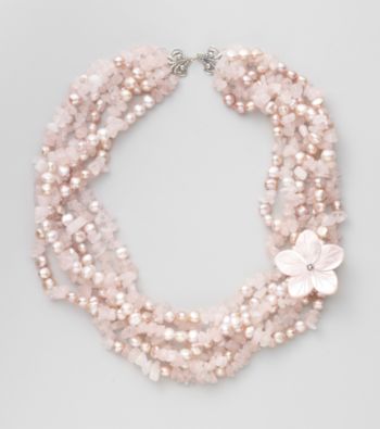 Genuine Pink Freshwater Pearl, Rose Quartz Chips & Mother-of-Pearl Flower Necklace