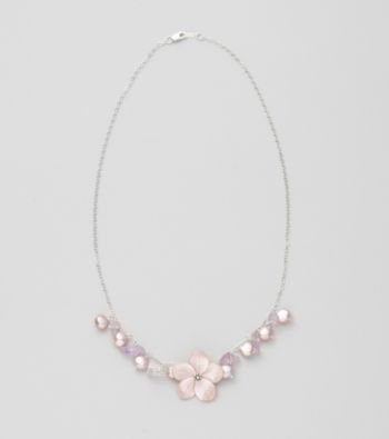 Genuine Freshwater Pearl, Amethyst Chips & Pink Mother-of-Pearl Flower Necklace