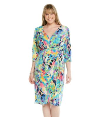 London Times® Plus Size Print Faux Wrap Dress