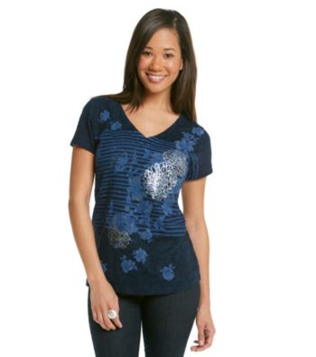 Relativity® Short Sleeve V-Neck Stripe Flower Tee