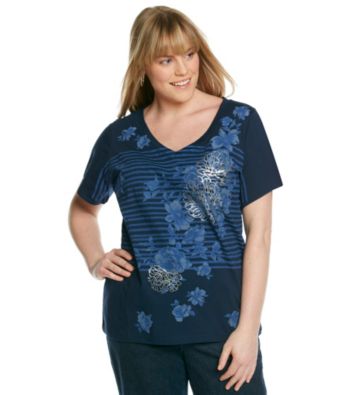 Relativity7reg; Plus Size Short Sleeve V-Neck Stripe Flower Tee