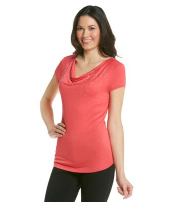Notations® Short Sleeve Drapeneck Front Embellishment Shirt