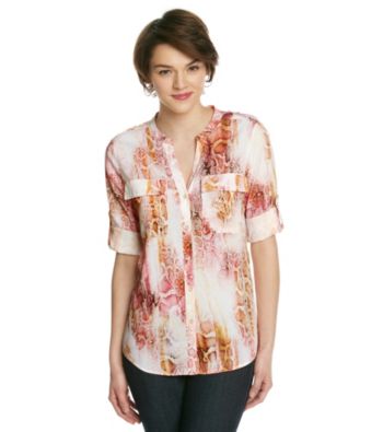 Calvin Klein Printed Crewneck Roll Sleeve Blouse