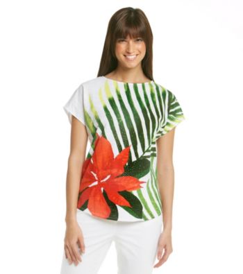 Chaus Boatneck Drape Shimmering Floral Tee