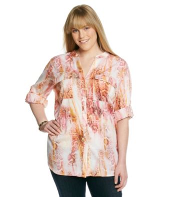 Calvin Klein Plus Size Printed Roll Sleeve Blouse