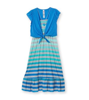 Beautees Girls' 7-16 Blue Striped Maxi Dress with Blue Shrug Kid's