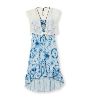 Beautees Girls' 7-16 Blue/White Tie-Dye Maxi Dress with Shrug Kid's