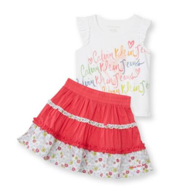 Calvin Klein Jeans® Girls' 2T-6X White/Pink Logo Tank and Skort Set