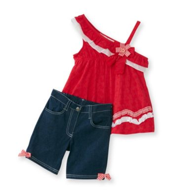 Nannette® Girls' 2T-6X Red One-Shoulder Eyelet Tunic and Bermudas Set