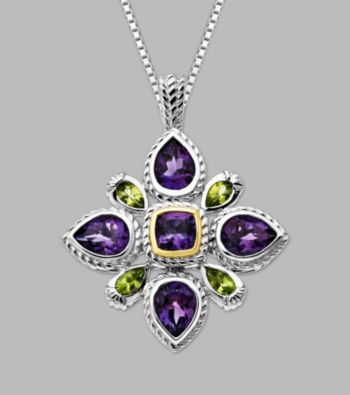 14K Yellow Gold & Sterling Silver Silver Pendant with Amethyst and Peridot