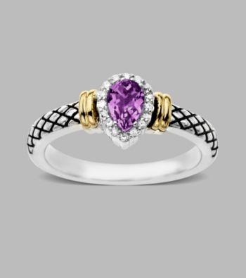 14K Yellow Gold & Sterling Silver Ring with Amethyst and Diamond Accent, 0.06CTTW,