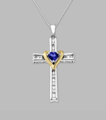 14K Yellow Gold & Sterling Silver Cross Pendant with Sapphire and Diamond Accent