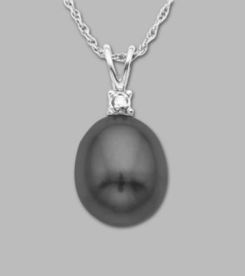 10K White Gold Pendant with 10mm Black Pearls and Diamond Accent