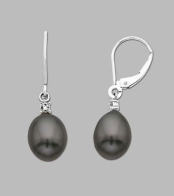 10K White Gold Drop Earring with 10mm Black Pearls and Diamond Accent, 0.01CT