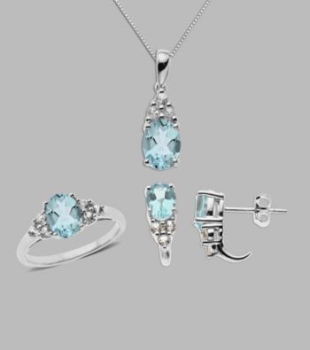 Sterling Silver Box Set of Pendant Ring and Earrings with Aqua and Created White