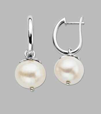 Sterling Silver Drop Earrings with 10mm White Freshwater Pearl and Diamond Accent, 0.01CT