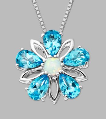 Sterling Silver Flower Pendant with Created Opal and Licensed Swiss Blue Topaz