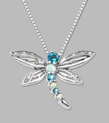 Sterling Silver Dragonfly Pendant with Created Opal, Swiss Blue Topaz and Diamond Accent,