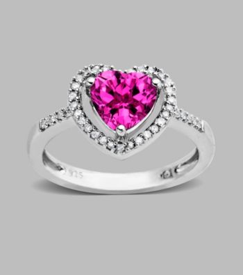 Sterling Silver Heart Ring with Created Pink Sapphire and Diamond Accent, 0.12CT,