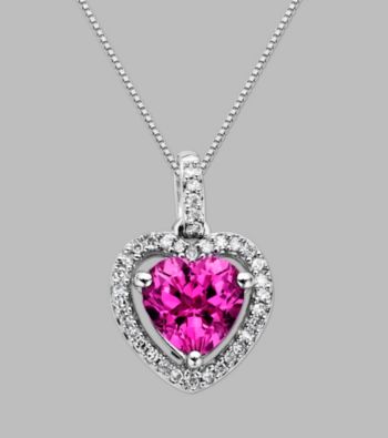 Sterling Silver Heart Pendant with Created Pink Sapphire and Diamond Accent