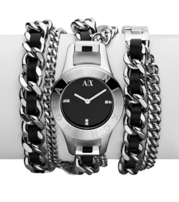 A|X Armani Exchange Women's Stainless Steel and Black Leather Street Arm Candy Watch
