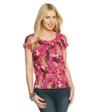 Nine West Jeans Shelby Nature Print Button Placket Peasant Top