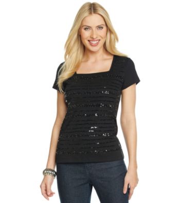 Rafaella® Short Sleeve Squareneck Sequin Embellished Top