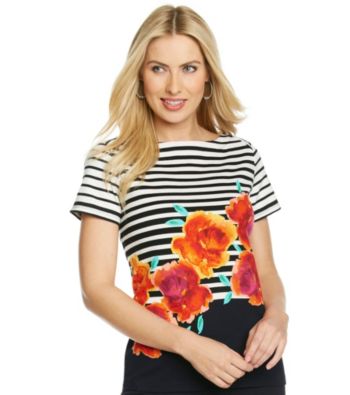 Rafaella® Short Sleeve Boatneck Striped Floral Top