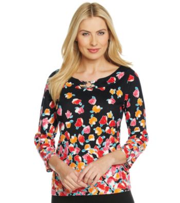 Rafaella® Boatneck Keyhole Printed Top