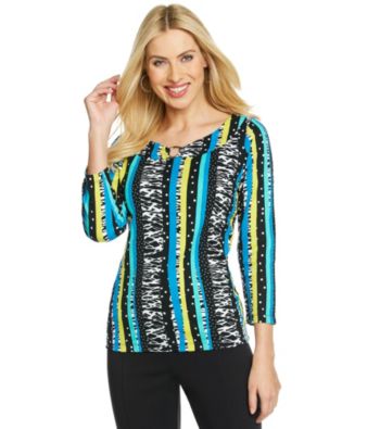 Rafaella® Boatneck Keyhole Striped Print Top