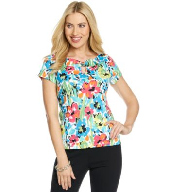 Rafaella® Short Sleeve Boatneck Floral Print Keyhole Top