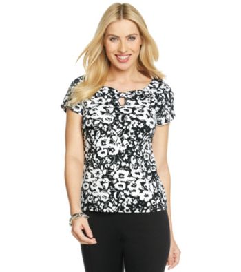 Rafaella® Short Sleeve Boatneck Floral Print Keyhole Top