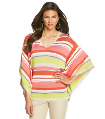 Anne Klein® Striped V-Neck Poncho Sweater