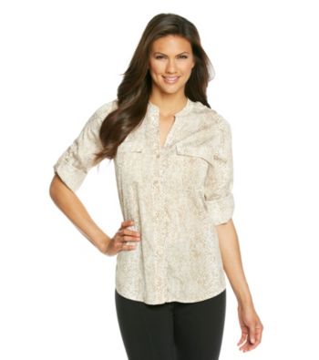 Calvin Klein Printed Collarless Roll Sleeve Blouse