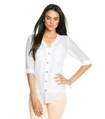 AGB® Solid Woven Button Front Shirt