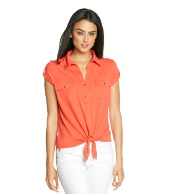 NY Collection Button Front Tie Knit Top